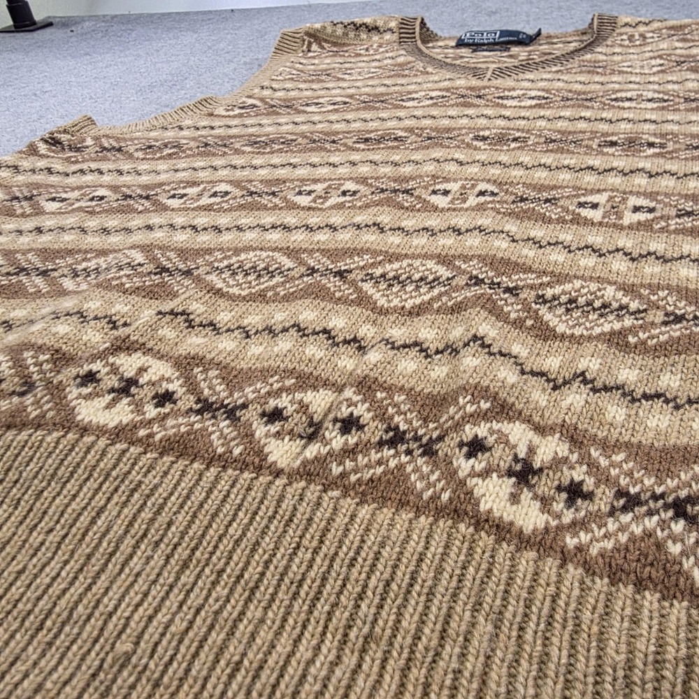 Polo Ralph Lauren Sweater Vest Mens Large Brown Cotton Cashmere Fair Isle V Neck - Picture 3 of 9